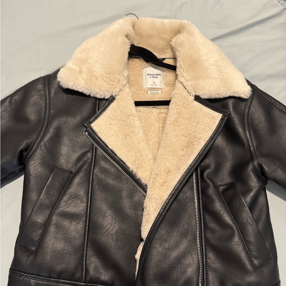Abercrombie & Fitch Black Leather Jacket with Cream Lining